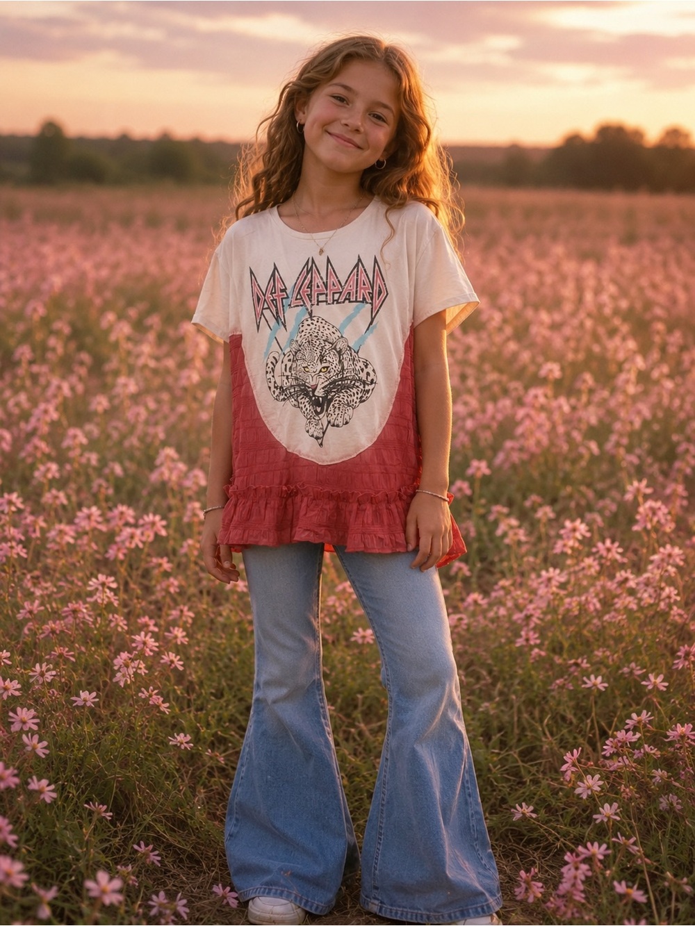 Rethread Def Leopard Graphic Ruffle Hem Kids Tee in White and Mauve
